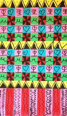 Patterns of four different Kente stripes (left, courtesy of Kòrai) and